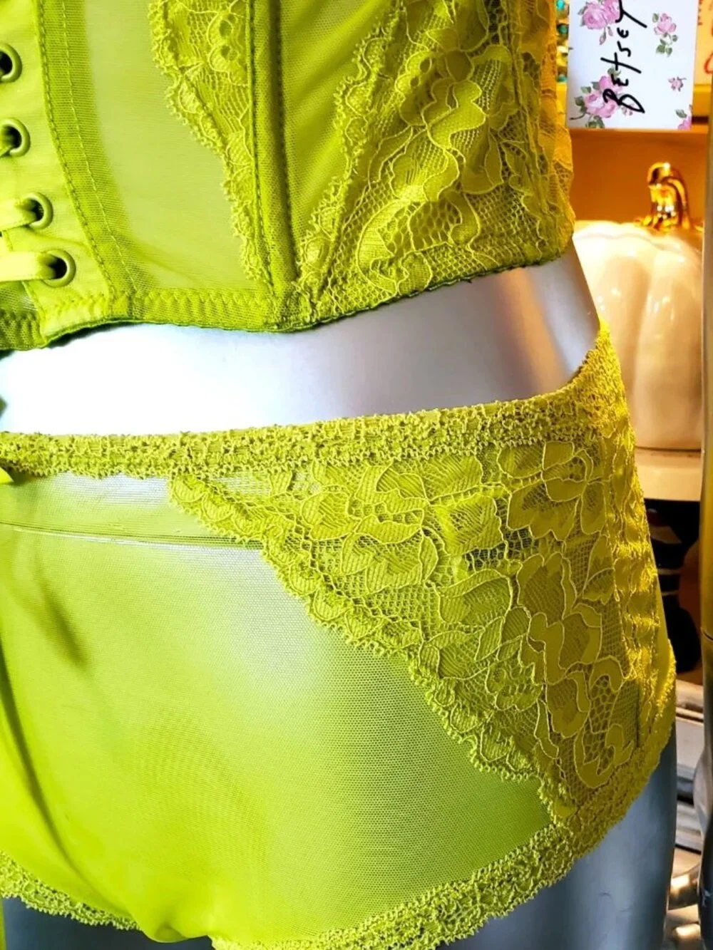 Betsey Johnson Corset Top Bustier Panties Lingerie Green Lace Mesh Butterfly XL - Picture 14 of 16